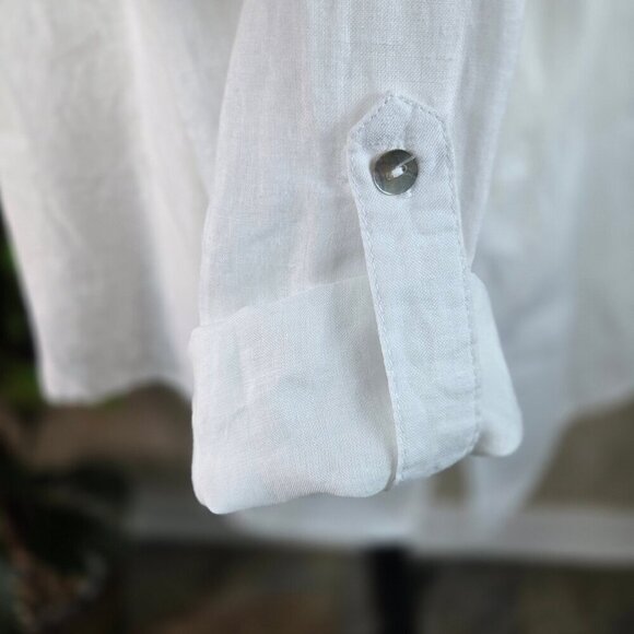 Symple NYC White Linen Tunic Blouse Ombre Blue Embroidery Roll Tab Sleeves - Picture 11 of 15